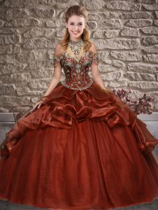 Rust Red Sleeveless Floor Length Beading and Ruffles Lace Up 15 Quinceanera Dress