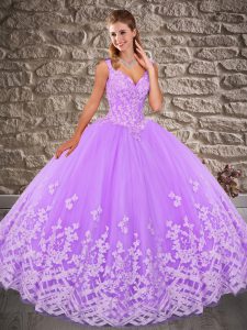 Lavender Sleeveless Brush Train Appliques Quinceanera Gown