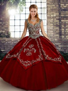 Exquisite Wine Red Tulle Lace Up Sweet 16 Dresses Sleeveless Floor Length Beading and Embroidery