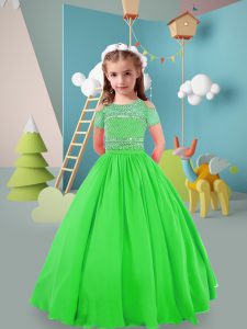 High Quality Green Ball Gowns Beading Little Girls Pageant Dress Zipper Chiffon Short Sleeves Floor Length