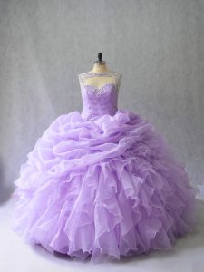Sleeveless Organza Brush Train Lace Up 15th Birthday Dress in Lavender with Beading and Ruffles