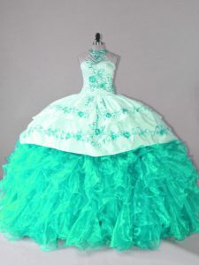 Excellent Turquoise Sweet 16 Quinceanera Dress Halter Top Sleeveless Court Train Lace Up