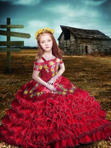 Custom Designed Red Off The Shoulder Lace Up Embroidery and Ruffled Layers Girls Pageant Dresses Short Sleeves