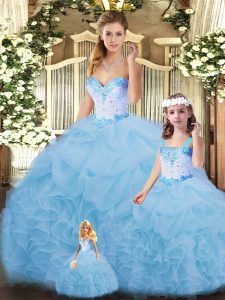 Shining Blue Sleeveless Organza Lace Up Quinceanera Dresses for Sweet 16 and Quinceanera