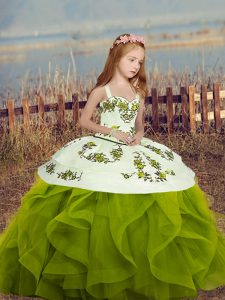 Adorable Floor Length Lace Up Pageant Gowns For Girls Olive Green for Party and Sweet 16 and Wedding Party with Embroide