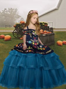 Sweet Floor Length Lace Up Pageant Gowns For Girls Teal for Party and Wedding Party with Embroidery and Ruffled Layers