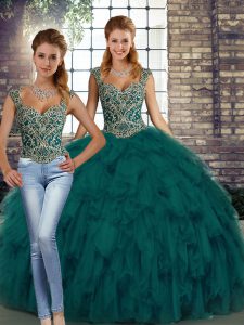 Vintage Peacock Green Sleeveless Beading and Ruffles Floor Length Quinceanera Gowns