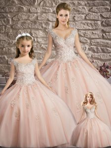 Pink Ball Gowns V-neck Sleeveless Tulle Floor Length Lace Up Appliques Sweet 16 Dresses