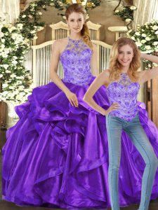 Classical Purple Halter Top Lace Up Beading and Ruffles Sweet 16 Dresses Sleeveless