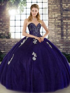 Affordable Purple Tulle Lace Up Sweet 16 Dresses Sleeveless Floor Length Beading and Appliques