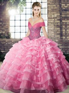 Rose Pink Sleeveless Brush Train Beading and Ruffled Layers 15 Quinceanera Dress