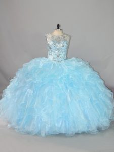 Artistic Blue Scalloped Lace Up Beading and Ruffles Quinceanera Gowns Sleeveless
