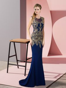 Sleeveless Satin Sweep Train Zipper Prom Party Dress in Royal Blue with Appliques