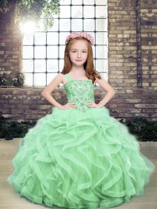 Stylish Sleeveless Floor Length Beading and Ruffles Lace Up Pageant Dress for Girls with Apple Green