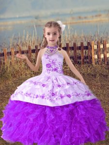 Fashionable Lavender Organza Lace Up Halter Top Sleeveless Floor Length Kids Formal Wear Beading and Embroidery and Ruff
