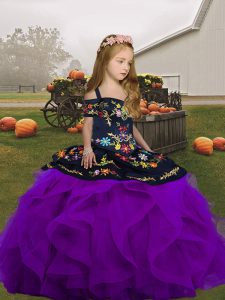 Purple Ball Gowns Tulle Straps Sleeveless Embroidery and Ruffles Floor Length Lace Up Girls Pageant Dresses