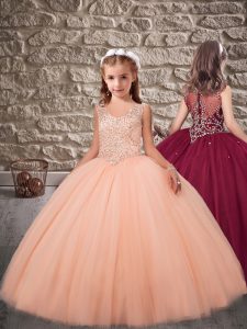 Peach Sleeveless Tulle Sweep Train Zipper Kids Pageant Dress for Wedding Party