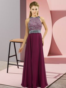 Great Sleeveless Floor Length Beading Side Zipper Celebrity Style Dress with Fuchsia