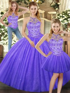 Halter Top Sleeveless Quince Ball Gowns Floor Length Beading Lavender Tulle