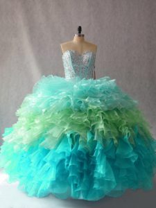 Sleeveless Floor Length Beading and Ruffles Lace Up 15th Birthday Dress with Multi-color