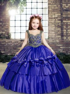 Custom Made Blue Ball Gowns Straps Sleeveless Taffeta Lace Up Beading Pageant Gowns