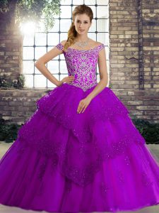 Enchanting Sleeveless Beading and Lace Lace Up Quinceanera Dress with Purple Brush Train