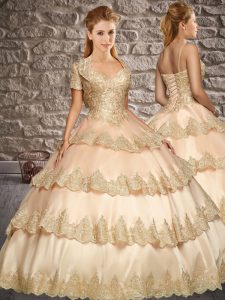 Champagne Straps Neckline Appliques and Ruffled Layers Sweet 16 Dress Sleeveless Lace Up