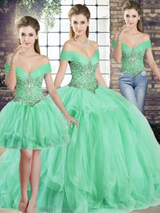 Floor Length Three Pieces Sleeveless Apple Green Sweet 16 Dress Lace Up