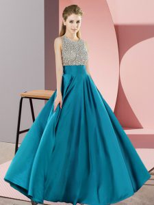 On Sale Floor Length Teal Prom Evening Gown Scoop Sleeveless Backless