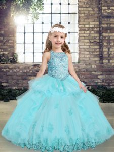 Aqua Blue Sleeveless Tulle Lace Up Pageant Gowns For Girls