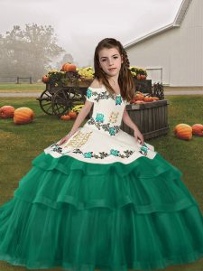Trendy Turquoise Straps Neckline Embroidery and Ruffled Layers Little Girls Pageant Dress Sleeveless Lace Up