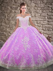 Lilac Tulle and Lace Lace Up Sweet 16 Dresses Sleeveless Brush Train Beading and Appliques