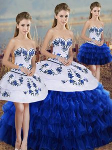 Clearance Royal Blue Organza Lace Up Sweetheart Sleeveless Floor Length Quinceanera Gown Embroidery and Ruffled Layers a