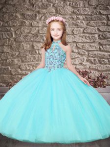 Aqua Blue Little Girl Pageant Dress Wedding Party with Embroidery Halter Top Sleeveless Sweep Train Lace Up