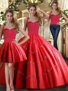 Red Three Pieces Halter Top Sleeveless Tulle Floor Length Lace Up Appliques Quinceanera Gowns
