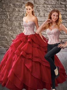 Stunning Organza Sweetheart Sleeveless Lace Up Beading and Ruffled Layers 15 Quinceanera Dress in Wine Red