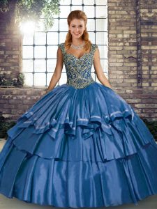 Hot Selling Blue Straps Lace Up Beading and Ruffled Layers Ball Gown Prom Dress Sleeveless