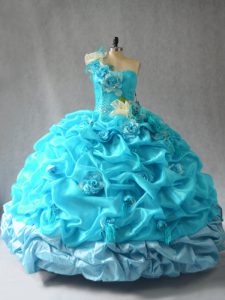 Luxurious Aqua Blue Organza Lace Up Sweet 16 Dresses Sleeveless Floor Length Pick Ups and Hand Made Flower