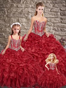 Gorgeous Burgundy Sleeveless Beading and Ruffles Lace Up Ball Gown Prom Dress