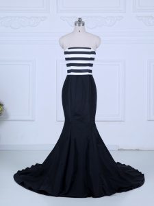 White And Black Sleeveless Satin Brush Train Lace Up Prom Party Dress for Prom and Party and Military Ball