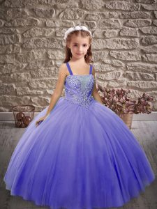 Lavender Ball Gowns Beading Kids Formal Wear Lace Up Tulle Sleeveless Floor Length