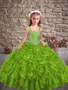 Cheap Straps Sleeveless Little Girl Pageant Gowns Brush Train Beading and Ruffles Organza