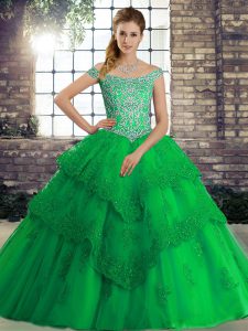 Chic Green Tulle Lace Up Off The Shoulder Sleeveless 15th Birthday Dress Brush Train Beading and Lace