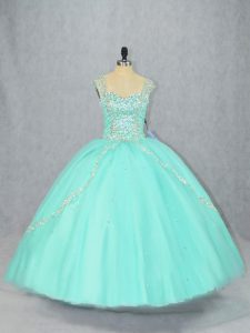 Apple Green Ball Gowns Beading 15th Birthday Dress Lace Up Tulle Cap Sleeves