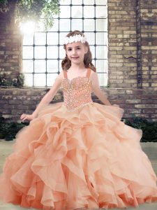 Peach Ball Gowns Tulle Straps Sleeveless Beading and Ruffles Floor Length Side Zipper Pageant Dress Toddler
