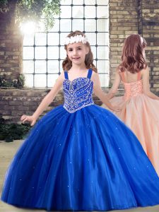 Ball Gowns Girls Pageant Dresses Royal Blue Straps Tulle Sleeveless Floor Length Lace Up