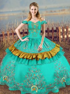 Stylish Floor Length Turquoise Sweet 16 Dresses Off The Shoulder Sleeveless Lace Up