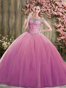 Lovely Off The Shoulder Sleeveless Tulle Quince Ball Gowns Beading Lace Up