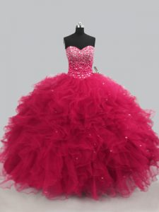 Floor Length Lace Up Quinceanera Gowns Hot Pink for Sweet 16 and Quinceanera with Beading and Ruffles
