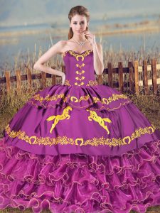 Purple Ball Gowns Satin and Organza Sweetheart Sleeveless Embroidery and Ruffles Lace Up Ball Gown Prom Dress Brush Trai
